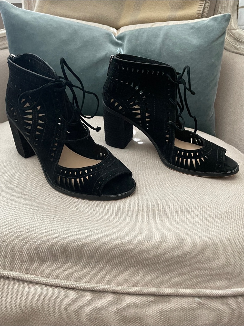 Vince Camuto Black Suede Cutout Lace-Up Block Heel Sandals